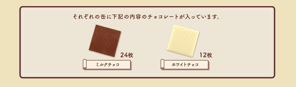 それぞれの缶に下記の内容のチョコレートが入っています。　ミルクチョコ24枚　ホワイトチョコ12枚